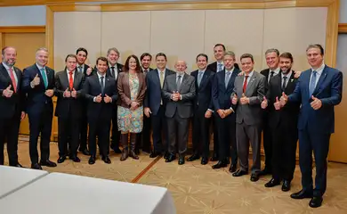 Presidente da República, Luiz Inácio Lula da Silva, durante reunião com integrantes da Associação Brasileira das Indústrias Exportadoras de Carnes (ABIEC).
Hotel Imperial - Japão

Foto: Ricardo Stuckert / PR