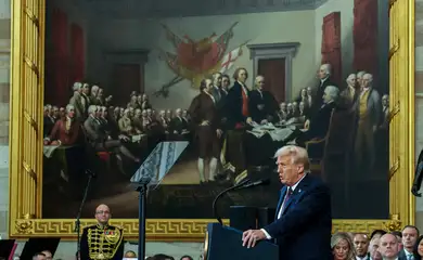 U.S. President Donald Trump delivers his inaugural address on the day of his Presidential Inauguration at the Rotunda of the U.S. Capitol in Washington, U.S., January 20, 2025. REUTERS/Kevin Lamarque/Pool/Proibifa reprodução