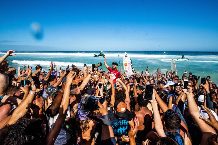 RIO DE JANEIRO, BRAZIL - JUNE 23: Filipe Toledo of Brazil wins the 2019 Oi Rio Pro for the third time in his career and the second year in a row after winning the final at Barrinha, Saquarema on June 23, 2019 in Rio de Janeiro, Brazil. (Photo by