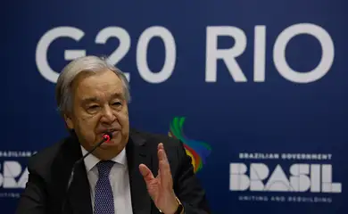 Rio de Janeiro(RJ), 17/11/2024 - O secretário-geral da ONU, António Guterres, concede coletiva no Centro de mídia do G20. Foto: Tânia Rêgo/Agência Brasil