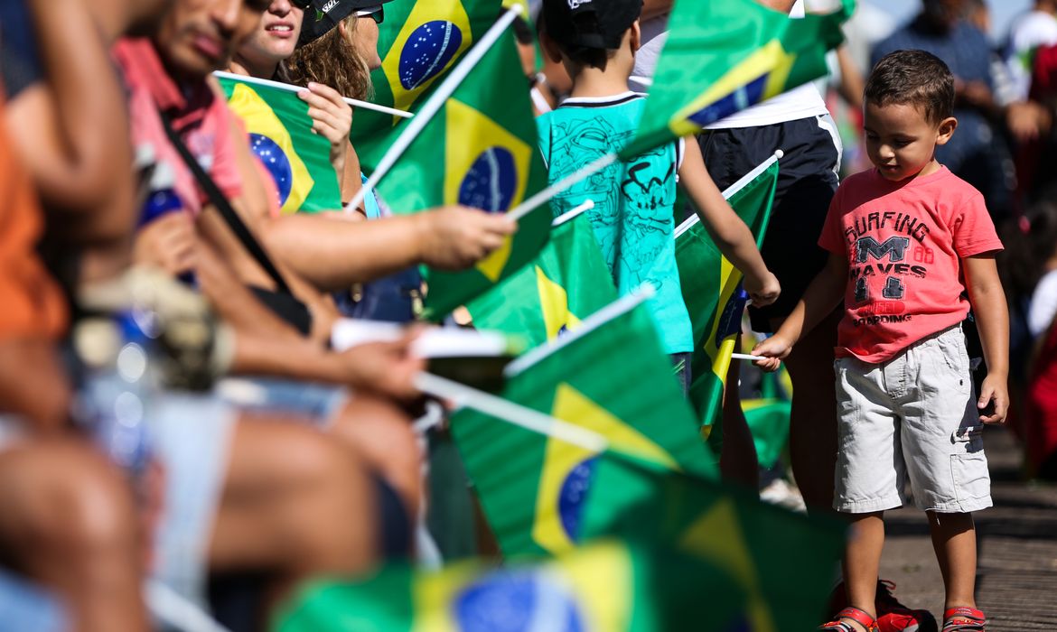 Brasília - Público com bandeiras do Brasil participam das comemorações de 7 de Setembro, na Esplanada dos Ministérios em Brasília ( Marcelo Camargo/Agência Brasil)