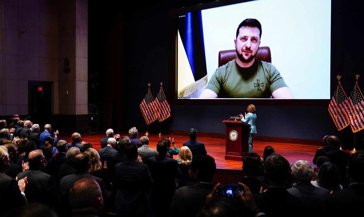 Ukraine’s President Volodymyr Zelenskiy delivers video address to members of the U.S. Congress at the Capitol in Washington
