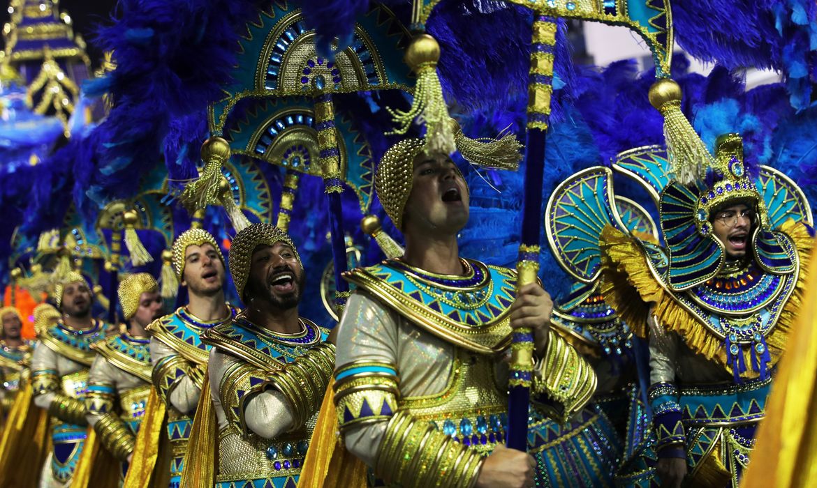 Revellers from Aguia de Ouro samba school perform during the second night of the Carnival parade at the Sambadrome in Sao Paulo