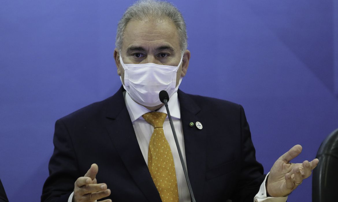 O ministro da Saúde, Marcello Queiroga,durante anúncio à imprensa, sobre a produção de vacinas no Brasil