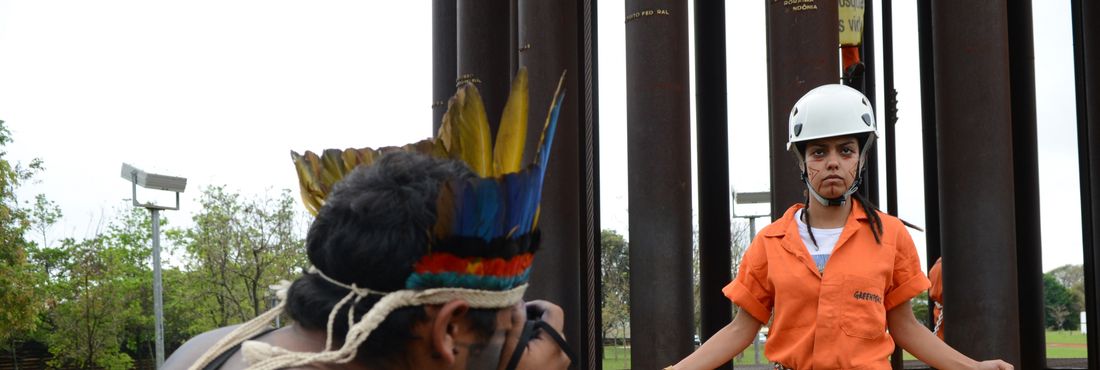 Índios e ativistas do Greenpeace protestam em Brasília contra PEC 215, que altera demarcação de terra