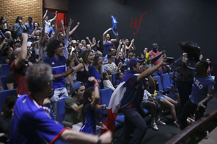 Torcedores franceses assistem a final da Copa do Mundo 2018 em um telão na Aliança Francesa, em Brasília