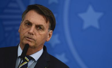 O presidente Jair Bolsonaro, durante pronunciamento no Palácio do Planalto