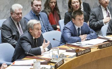 Secretário-geral da ONU, António Guterres, discursa no Conselho de Segurança das Nações Unidas sobre conflitos na Europa