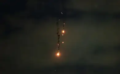 An explosion of a drone is seen in the sky over the city during a Russian drone strike, amid Russia's attack on Ukraine, in Kyiv, Ukraine July 4, 2025. REUTERS/Vladyslav Sodel     TPX IMAGES OF THE DAY