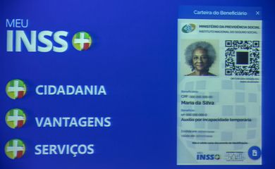 Brasília (DF) 22/05/2023 - (Reproduçāo do Telão) - Lançamento da carteira virtual do beneficiário Meu INSS+.  A carteira servirá como comprovação de beneficiário do INSS. Também vai oferecer um 