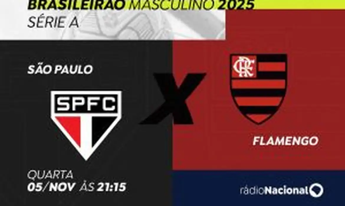 São Paulo- 03/11/2025 - Rádio Nacional acompanha São Paulo e Flamengo ao vivo nesta quarta. Arte/ Rádio Nacional
