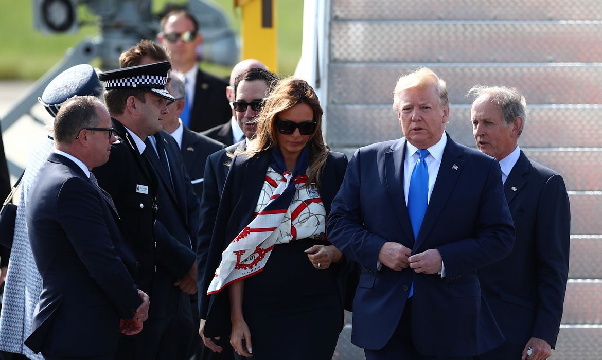 U.S. President Donald Trump and First Lady Melania Trump arrive for their state visit to Britain, at Stansted Airport near London, Britain, June 3, 2019. REUTERS/Hannah McKay