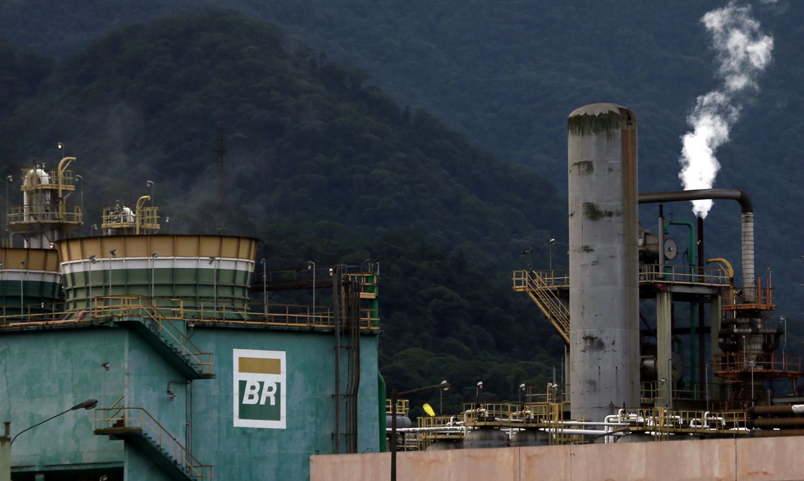 The logo of Petrobras, state-controlled Petroleo Brasileiro SA, is seen at President Bernardes Refinery in Cubatao