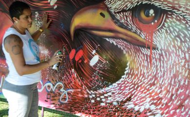 A grafiteira carioca Panmela Castro, apelidada de Grafiteira da Penha, para comemorar os nove anos da Lei Maria da Penha, pinta painel no gramado do Congresso Nacional (Fabio Rodrigues Pozzebom/Agência Brasil)
