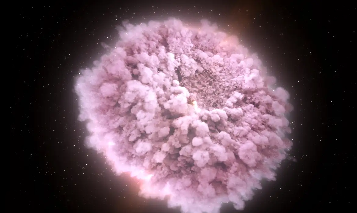 A figura mostra o resultado do choque de duas estrelas de nêutrons. Ilustração NASA Goddard Space Flight Center/CI Lab