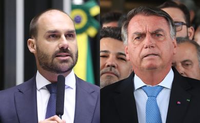 Brasília (DF), 20/08/2025 - Montagem com foto do deputado federal Eduardo Bolsonaro e o ex-presidente da República, Jair Bolsonaro. Foto: Zeca Ribeiro/Câmara dos Deputados e Lula Marques/Agência Brasil