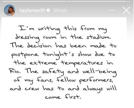 Taylor Swift adia segundo show no Rio por causa das altas temperaturas. Foto: stories/taylor swift