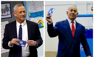 Uma imagem combinada mostra Benny Gantz (à esquerda), líder do partido Azul e Branco votando em Rosh Haayin e o primeiro-ministro de Israel, Benjamin Netanyahu, votando em Jerusalém durante a eleição parlamentar de Israel.