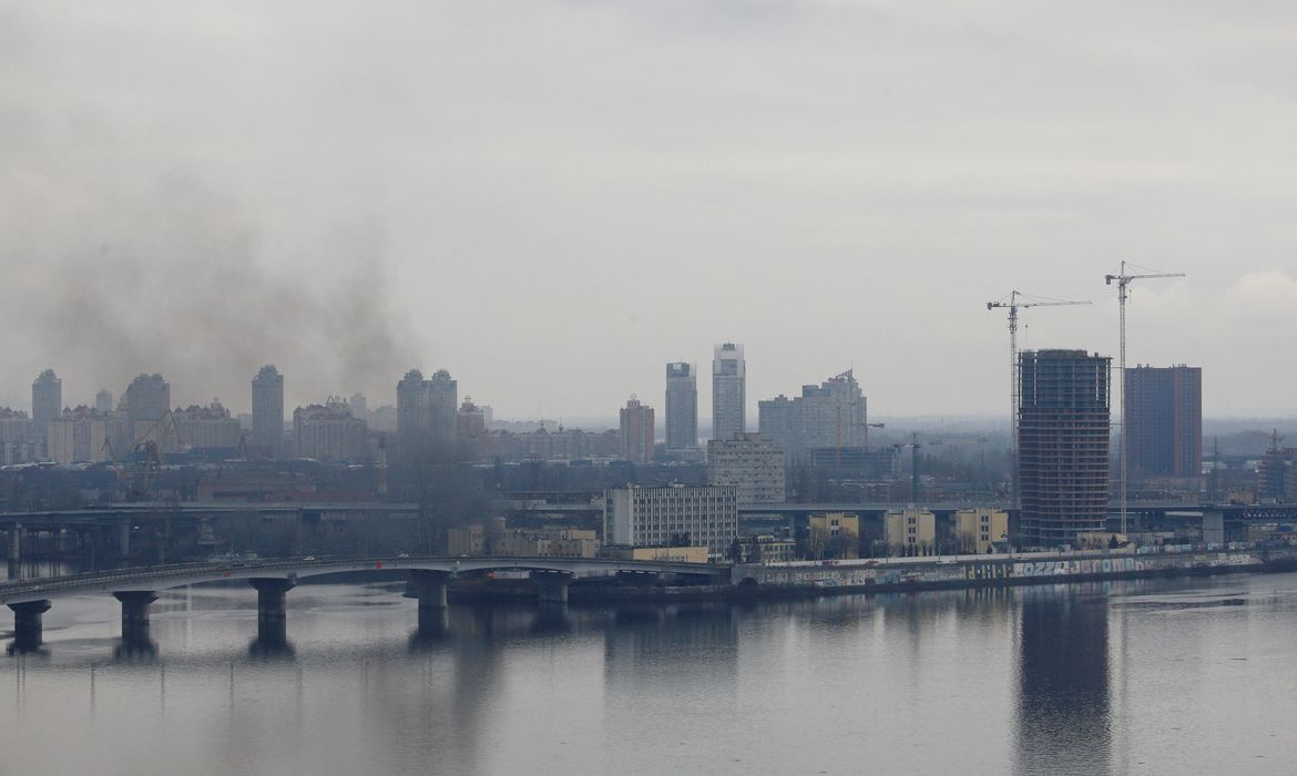 Smoke rises from the territory of the Ukrainian Defence Ministry's unit in Kyiv