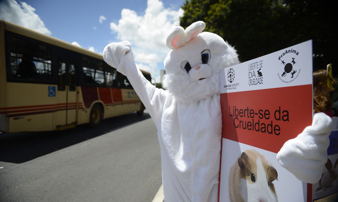 Brasília – Ativistas vestidos com máscaras de animais e fantasias fazem protesto em frente ao Ministério de Ciência e Tecnologia pedindo a proibição de testes em animais (Marcelo Camargo/Agência Brasil)