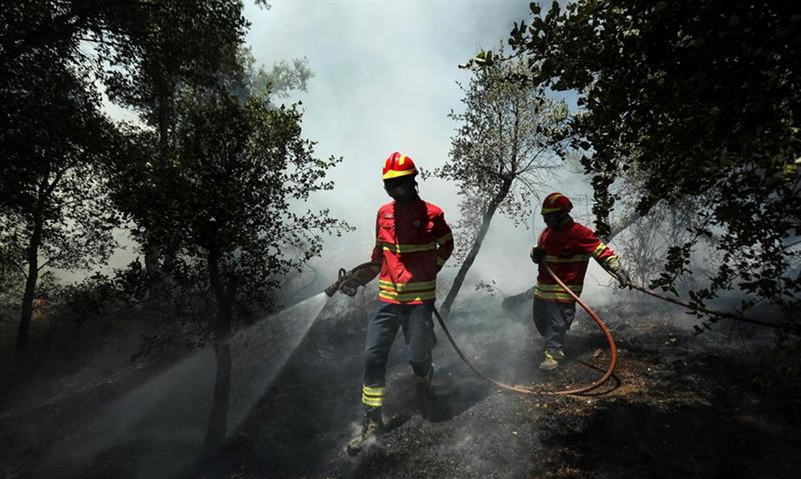 Bombeiros trabalham para extinguir o fogo em Carreira do Mato, Abrantes, no centro de Portugal