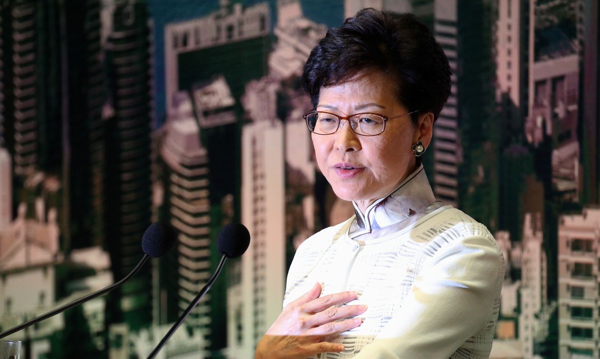 Hong Kong Chief Executive Carrie Lam looks down during a news conference in Hong Kong, China, June 15, 2019. REUTERS/Athit Perawongmetha