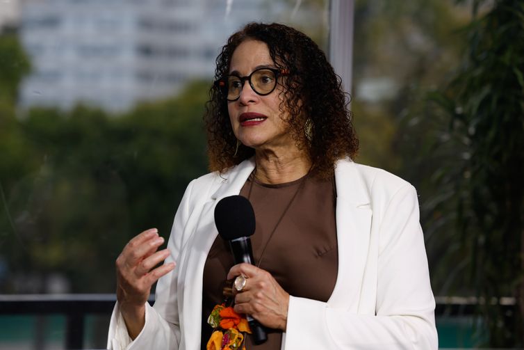 Tania Rego Rio de Janeiro (RJ), 06/07/2025 – A ministra da Ciência, Tecnologia e Inovação, Luciana Santos, fala com a TV Brasil durante a Cúpula de líderes do Brics. Foto: Tânia Rêgo/Agência Brasil