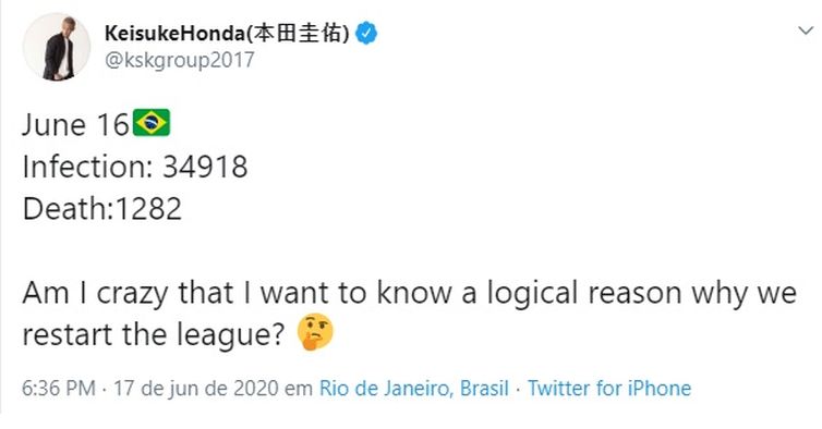 Jogador Honda, do Botafogo, se manifesta no Twitter contra a volta do futebol