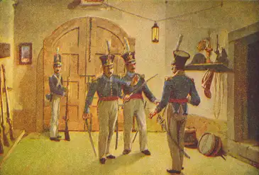 Roque Gameiro Neste episódio da Revolução do Porto, o Capitão Sousa Magalhães e o Tenente Paulo Correia impedem entrada do Coronel Grant no Regimento de Infantaria n.º 6.