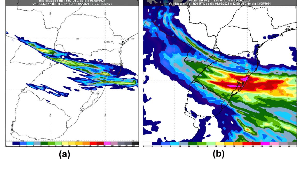 Chuva forte volta a atingir o Rio Grande do Sul nesta sexta-feira (10) - Precipitação (chuva), em milímetros (mm), acumulada em (a) 24h de quarta-feira (8) às 9h da quinta-feira (9), pelo modelo Cosmo 2,8 km e (b) 120h até 9h de 13 de maio pelo modelo Cosmo 7 km. Foto: INMET/Divulgação