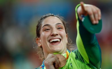 Rio de Janeiro - A judoca brasileira Mayra Aguiar vence cubana na categoria até 78 quilos e ganha medalha de bronze na Rio 2016 (Fernando Frazão/Agência Brasil)