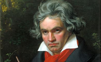 Um retrato de Beethoven com a partitura para a Missa Solemnis de 1820 por Joseph Karl Stieler.