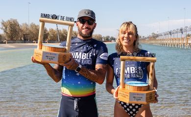 FRESNO, CA - AUGUST 9: (left-right) Filipe Toledo of Brazil and Coco Ho of Hawaii winners of the Michelob PURE Ultra Rumble at The Ranch at The Surf Ranch on August 9, 2020 in Los Angeles, California. (Photo by Brady Lawrence/World Surf League