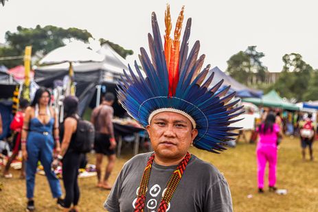 Brasília (DF), 23.04.2024 - Cacique Dário Kopenawa Yanomami fala sobre mudaça de clima em sua regiaão, no Acampamento Terra Livre 2024Foto: Joédson Alves/Agência Brasil
