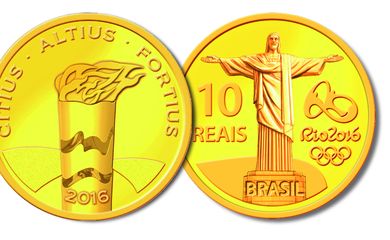 Banco Central lança quarto conjunto de nove moedas comemorativas dos Jogos Olímpicos e Paralímpicos Rio 2016. A moeda de ouro homenageia o Cristo Redentor e a Tocha Olímpica (Divulgação/Banco Central)