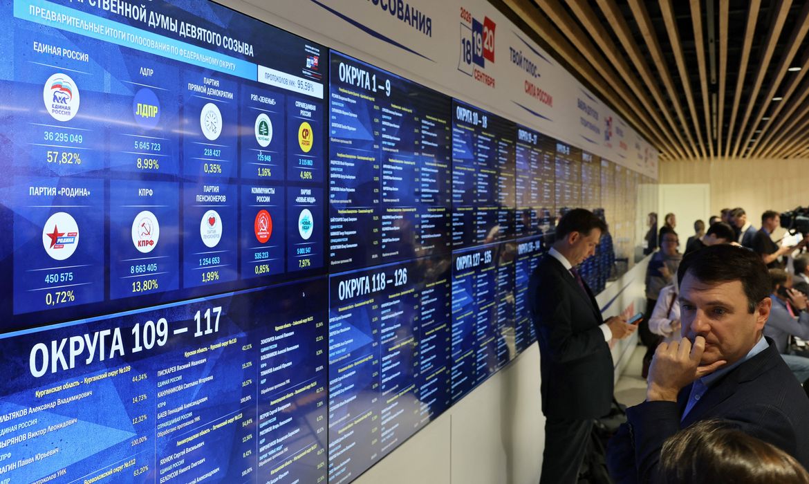 Tela exibe resultados das eleições parlamentares da Rússia em Moscou
   21 de setembro de 2026    REUTERS/Shamil Zhumatov
