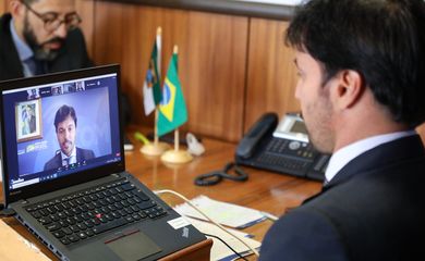 Ministro das Comunicações, Fábio Faria durante participação por vídeoconferência da reunião do Grupo de Trabalho do 5G da Câmara dos Deputados.