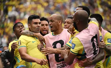 Soccer Football - FIFA World Cup 2026 - Round of 32 - Brazil v Japan - Houston Stadium, Houston, Texas, U.S. - June 29, 2026 Brazil's Casemiro celebrates scoring their first goal with teammates REUTERS/Annegret Hilse