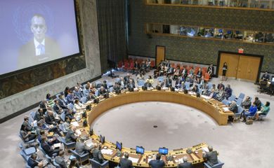 Nickolay Mladenov (em videoconferência) apresenta informe em reunião no Conselho de Segurança da ONU