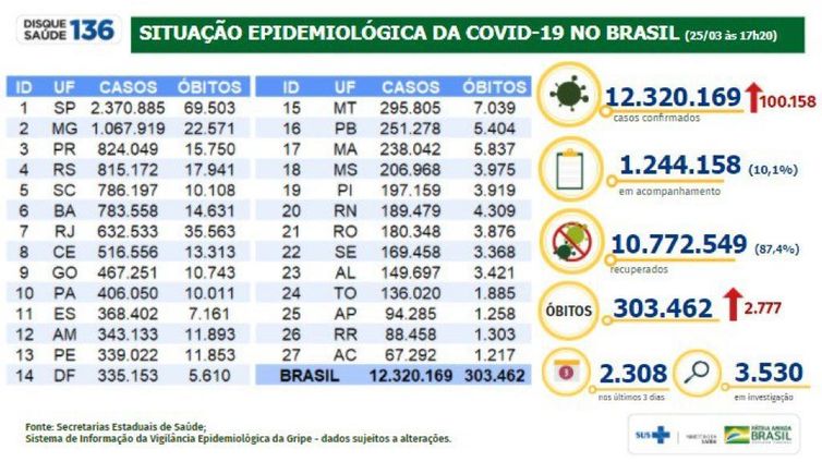 Situação epidemiológica da covid-19 no Brasil (25/03/2021).