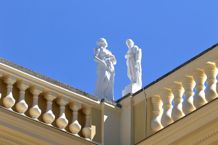 Fachada recuperada do Museu Nacional após quatro anos do incêndio. Universidade Federal do Rio de Janeiro (UFRJ) apresenta um balanço das obras de reconstrução do Museu Nacional e a programação do bicentenário da independência. 