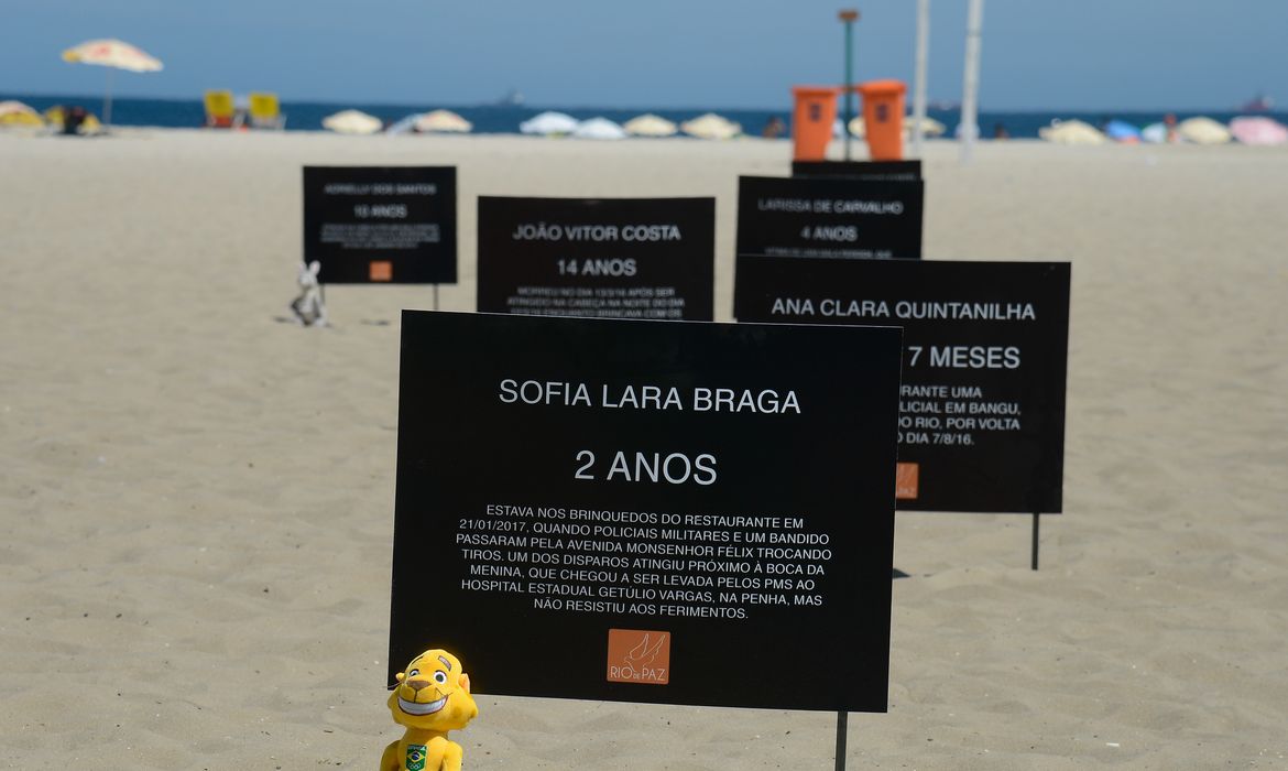 Rio de Janeiro - A ONG Rio de Paz coloca placas na areia da Praia de Copacabana com nomes de crianças e adolescentes que morreram vítimas de balas perdidas nos últimos 10 anos na capital fluminense (Tomaz Silva/Agência Brasil)