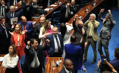 Brasília (DF) 08/11/2023  Sessão que votou em  primeiro turno, a proposta de emenda à Constituição (PEC 45/2019) da reforma tributária. ( Senadores governistas comemoram a votação) .Foto Lula Marques/ Agência Brasil