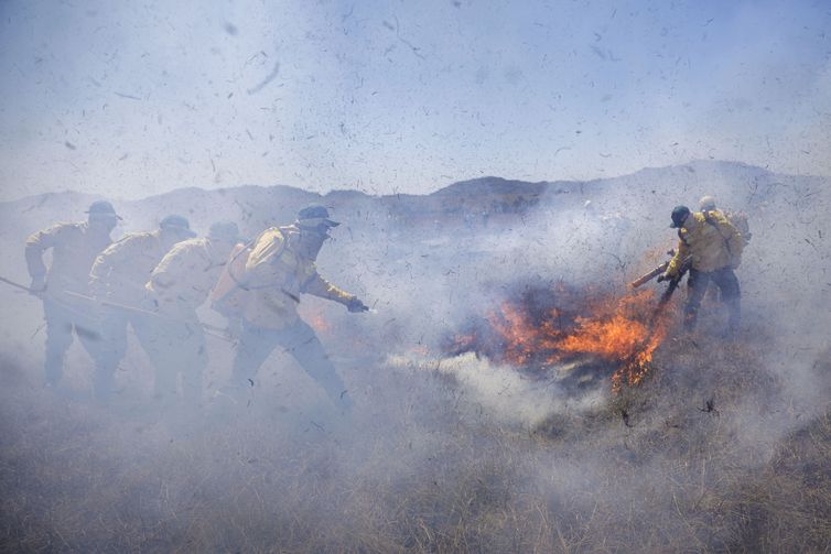 Cavalcante (GO)– A brigada de incêndio da Prevfogo, formada por quilombolas, fazsimulação de combate ao fogo no Cerrado. Foto: Joédson Alves/Agência Brasil