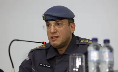 São Paulo (SP), 11/07/2025 - O coronel da Polícia Militar, Bueno, fala na coletiva de imprensa sobre a ação da PM em Paraisópolis no quartel general da Polícia Militar. Foto: Rovena Rosa/Agência Brasil