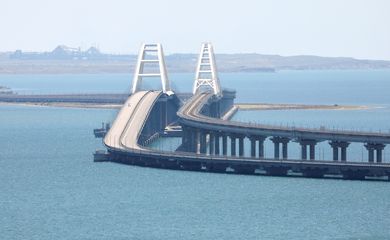 A view shows the Crimean Bridge, a section of which was damaged by an alleged overnight attack, as seen form the city of Kerch, Crimea, July 17, 2023. REUTERS/Alexey Pavlishak