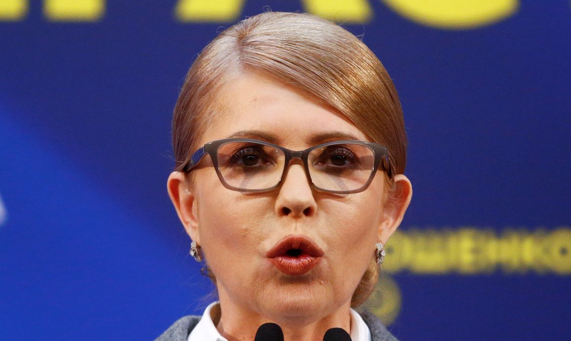 Candidate Tymoshenko delivers a speech at her campaign headquarters in Kiev