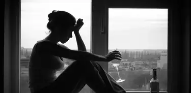 Silhueta em contraluz de mulher segurando taça com uma garrafa de bebida ao lado