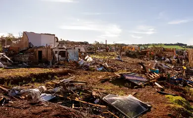 Debris lies at a damaged area after the tornado that hit Rio Bonito do Iguacu, in southern Parana state, Brazil November 9, 2025. REUTERS/Priscila Ribeiro