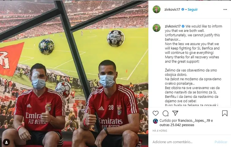 Zivkovic publicou mensagem na conta dele, no Instagram, dizendo estar bem